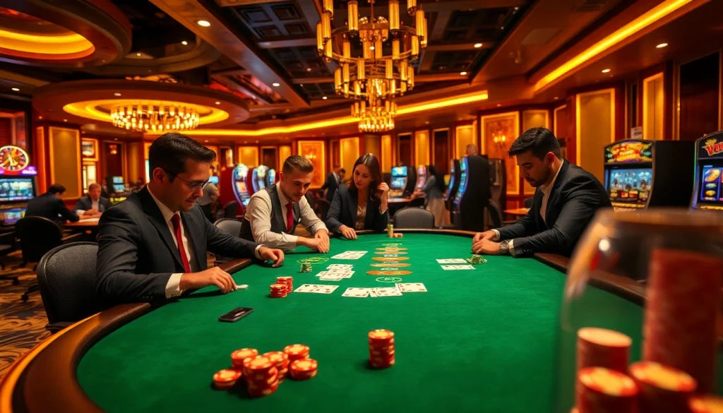 C168 game players enjoy high-stakes poker in an elegant casino environment with vibrant colors.