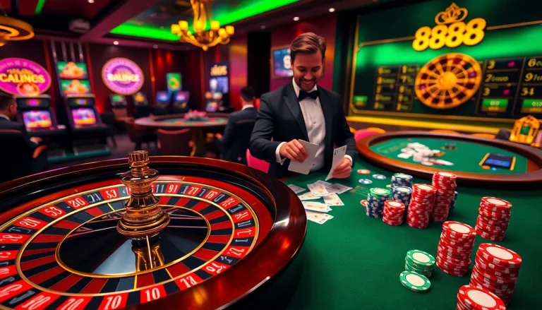 Engaging players at 888 new's luxurious casino, showcasing excitement with roulette and poker games.
