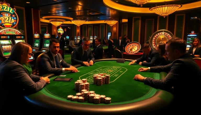 Players strategizing in a high-stakes poker game at a luxurious casino atmosphere with 22JL branding.