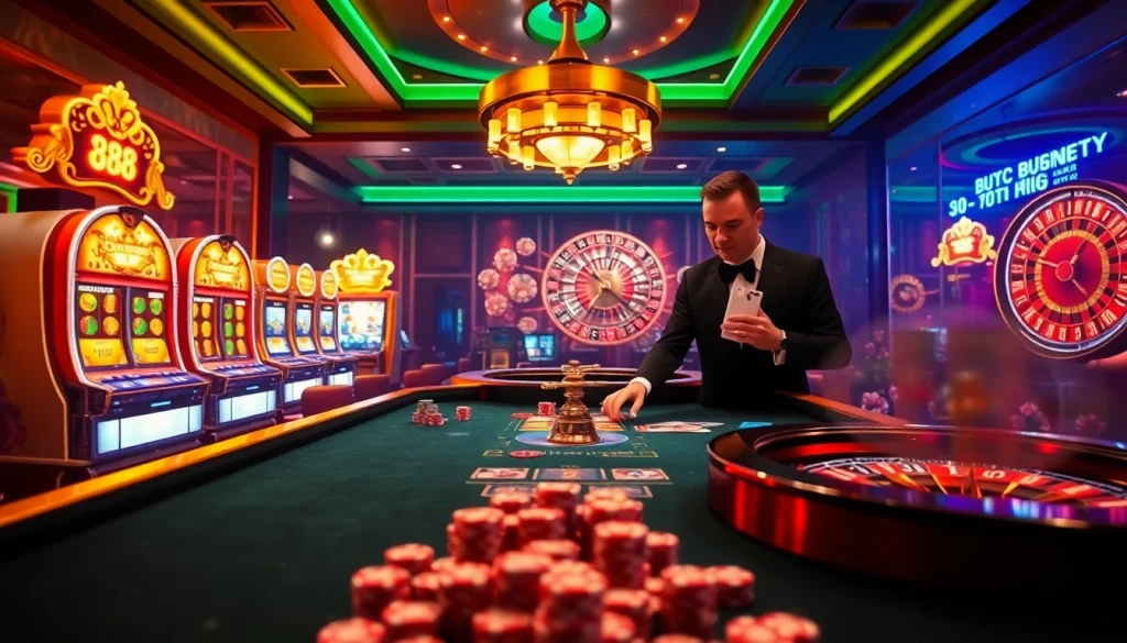 88i nhà cái providing an elegant gaming experience with a vibrant casino table and slot machines.