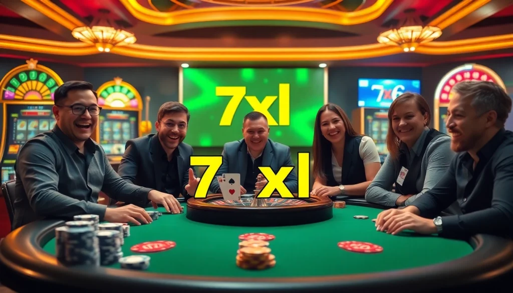 סצנת קזינו מרגשת עם שחקנים בטבלת פוקר, המציגה את מותג 7xl ואלמנטים הימורים ססגוניים.