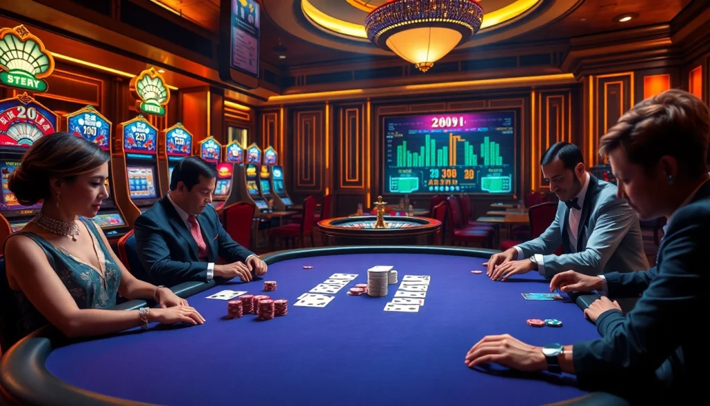Engage with high-stakes poker players surrounded by data china statistics on a luxurious casino floor.