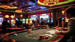 Players enjoying an exciting poker game at a luxurious casino, capturing the spirit of OK FUN.