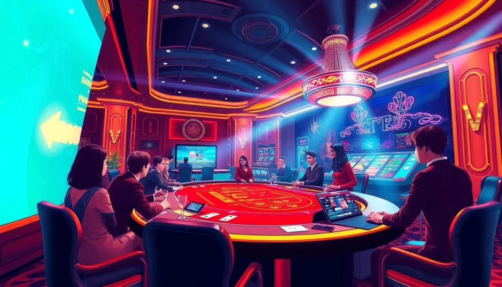 에볼루션 카지노에서의 흥미진진한 게임 세션을 보여주는 고급스러운 일러스트.