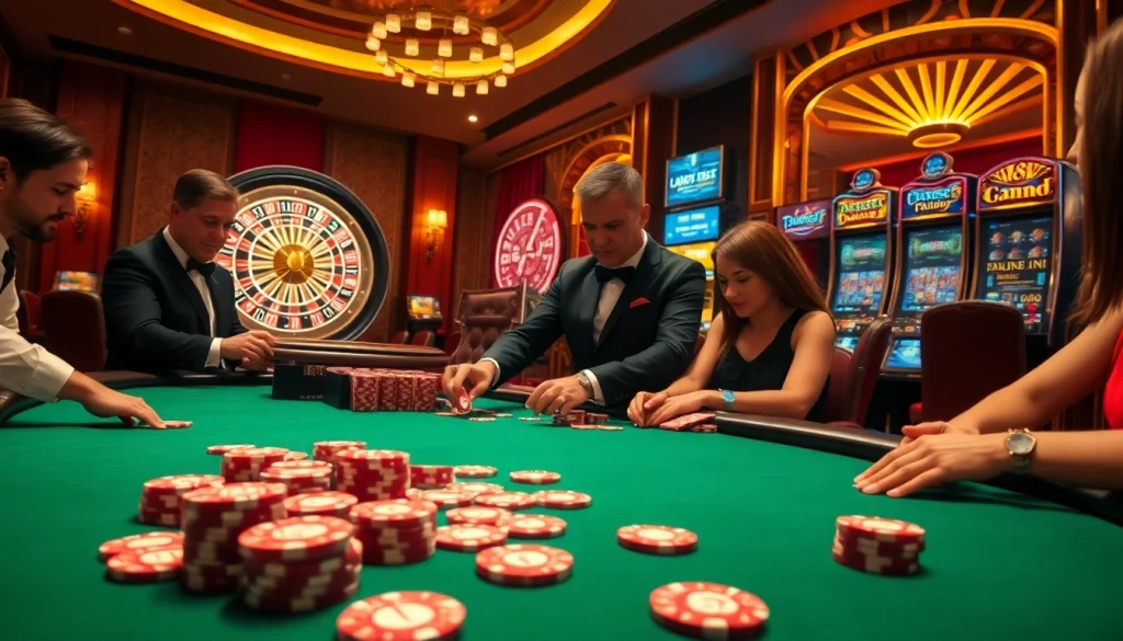 Engage with the thrilling world of casino gambling at 88i, featuring vibrant poker chips and an active dealer.