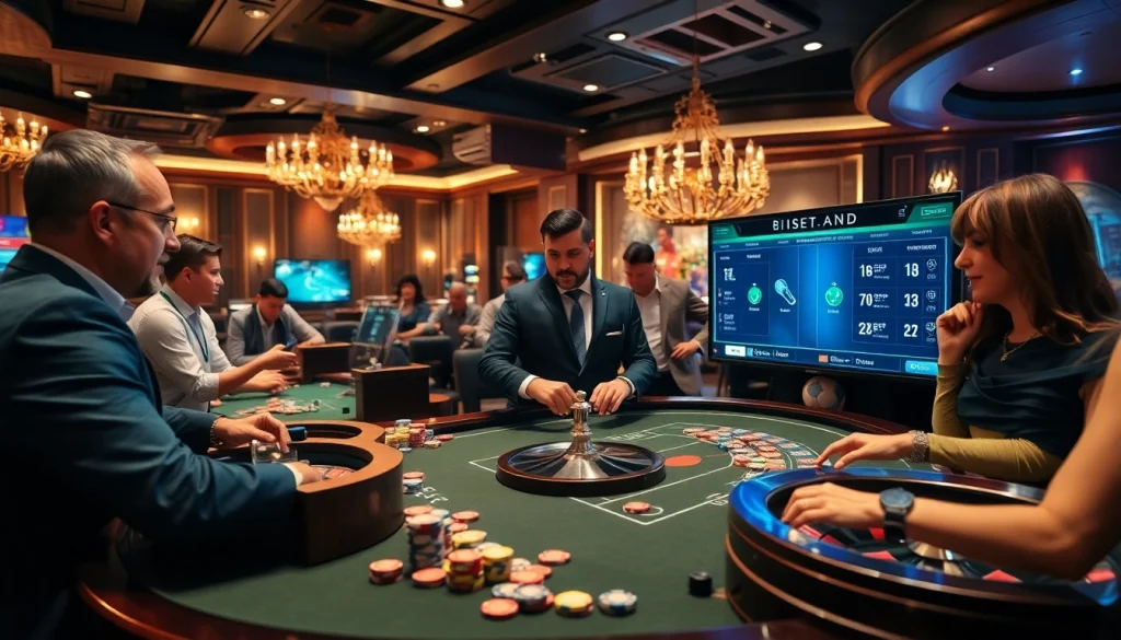 Exciting sports betting scene showcasing เทคนิคแทงบอล strategies with players at a casino table.
