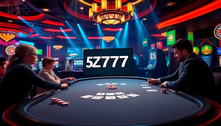 Experience the thrill of poker at the 5Z777 table with vibrant chips and engaged players.