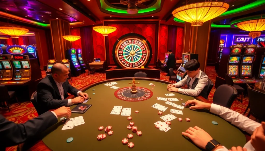 Exciting gaming action at u888 casino with players at a poker table and vibrant slot machines.