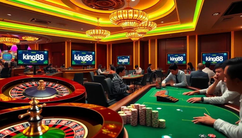 Experience the thrilling gaming atmosphere at king88 with vibrant poker chips and roulette wheels.