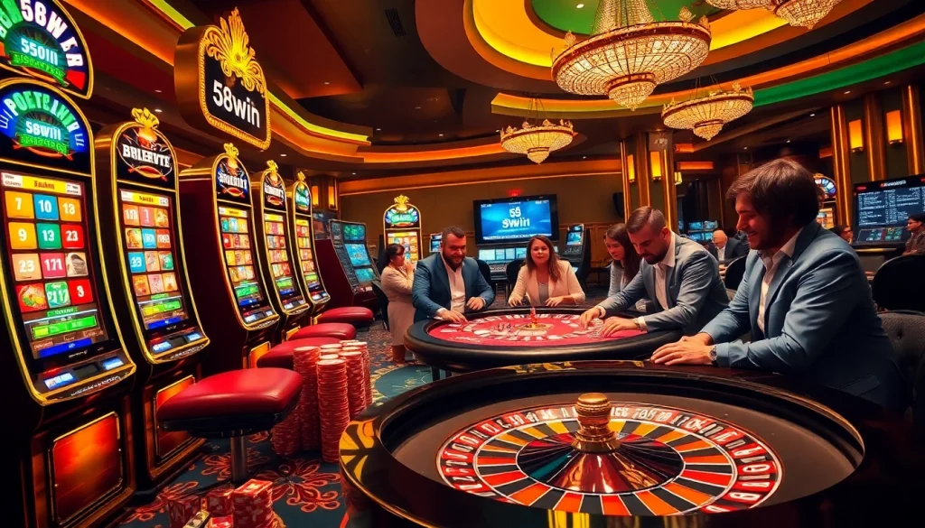 Players enjoying casino games at 58win, featuring poker chips and exciting slot machines.