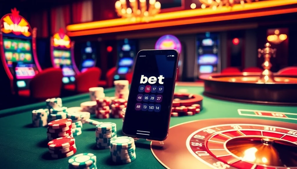 Trải nghiệm sự hứng khởi từ ứng dụng Bet VIP với không gian casino sang trọng và các yếu tố trò chơi sống động.