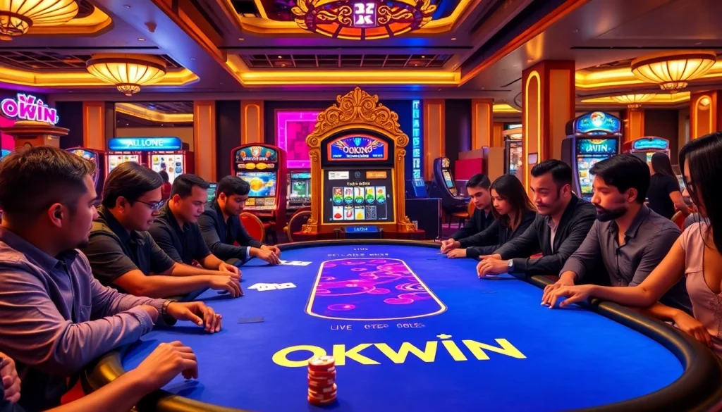 Experience the excitement of OKWIN at a vibrant casino table with players and poker chips.