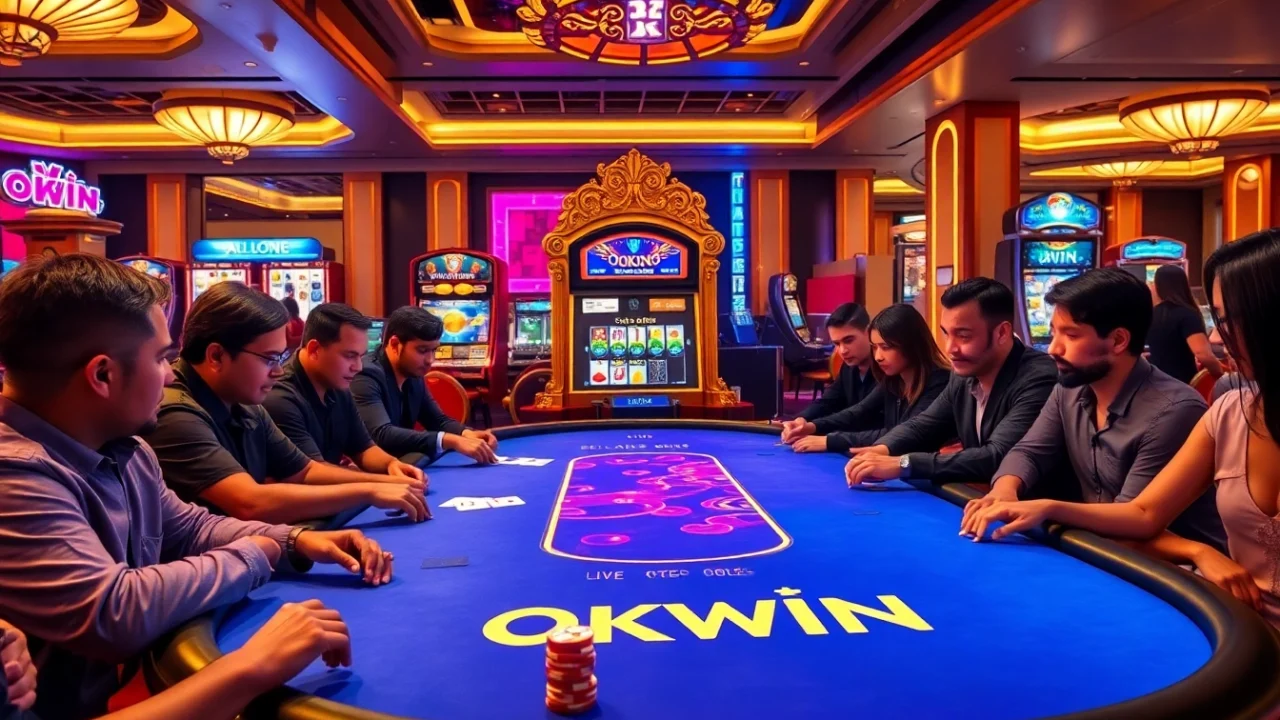 Experience the excitement of OKWIN at a vibrant casino table with players and poker chips.
