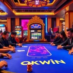 Experience the excitement of OKWIN at a vibrant casino table with players and poker chips.