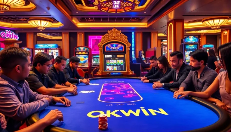 Experience the excitement of OKWIN at a vibrant casino table with players and poker chips.