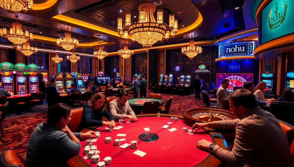 Nohu-themed casino scene with engaged players at a poker table in an upscale gaming environment.