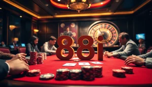 Players enjoying an exciting game at an 88i casino table with vibrant chips and cards.