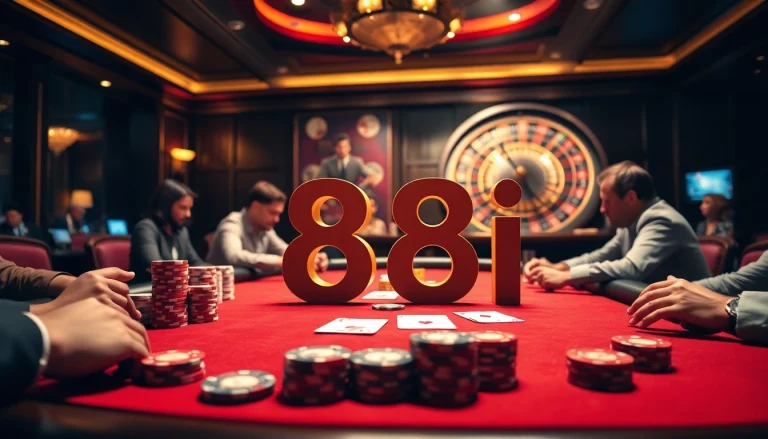 Players enjoying an exciting game at an 88i casino table with vibrant chips and cards.