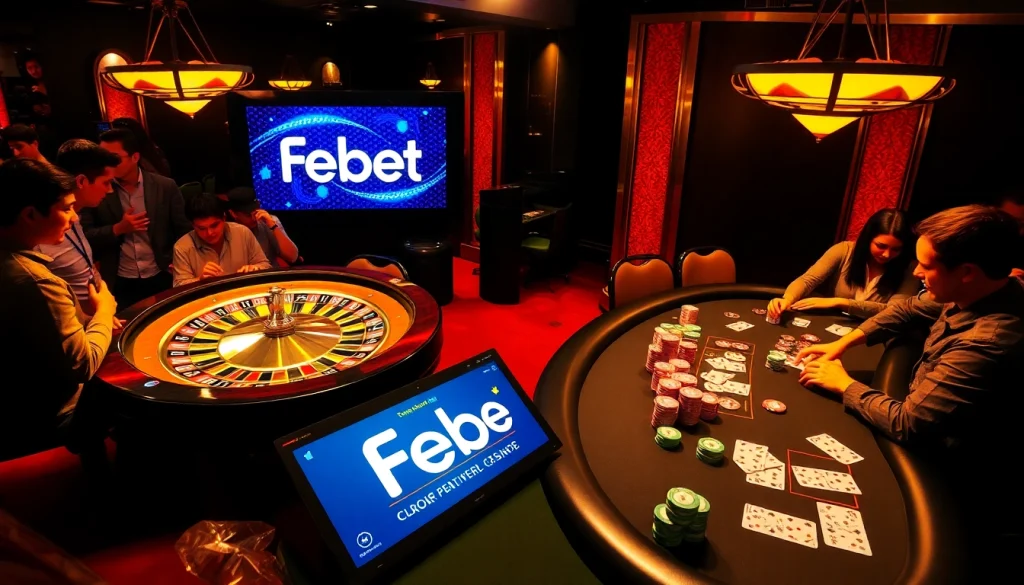 Febet casino players enjoying a thrilling roulette game under vibrant lighting.
