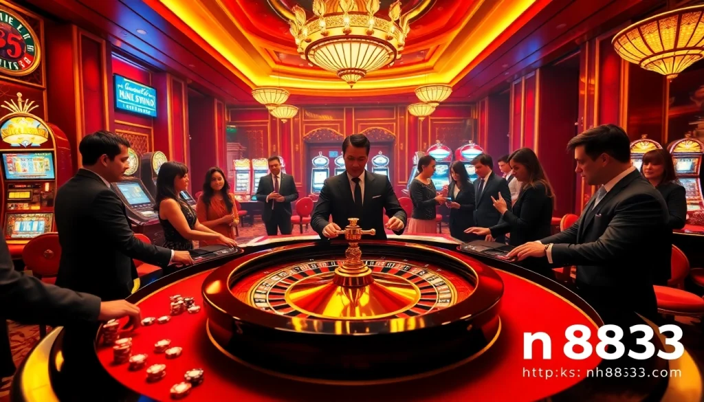 Exciting players betting at a roulette table in a luxurious casino setting at https://nh8833.com/.