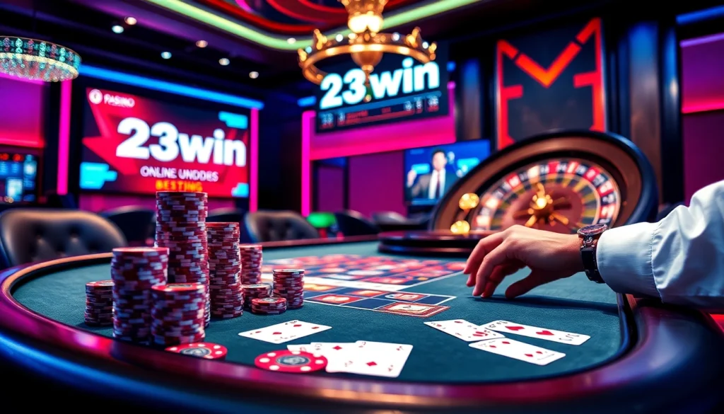 Engage thrillingly with poker at 23win, featuring vibrant chips and professional tables.