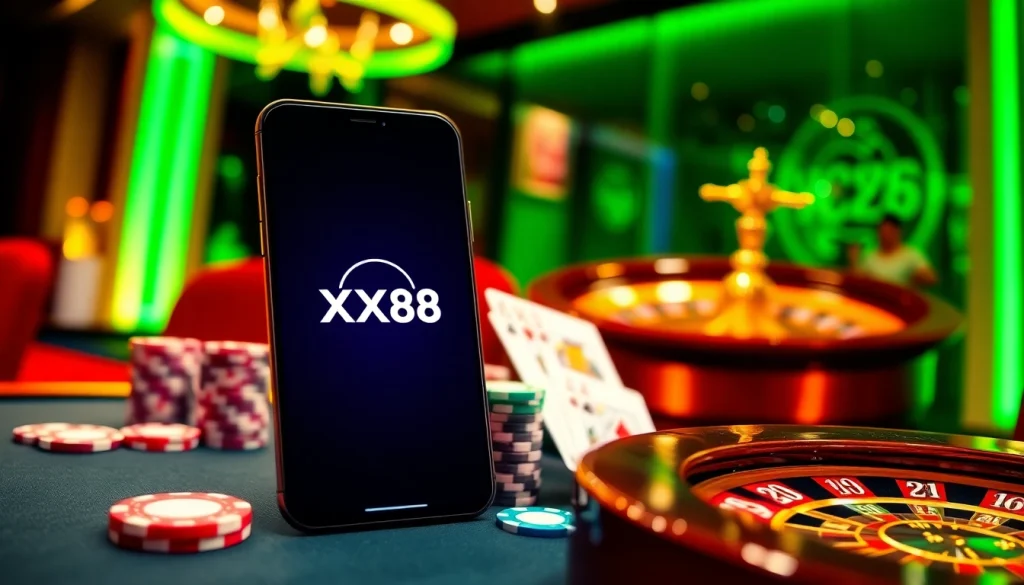 Playing cards and roulette wheel showcase the excitement of online gambling at XX88.