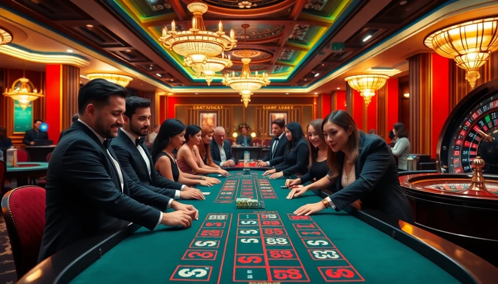 Players enjoying blackjack at a luxurious bem88 casino table surrounded by excitement.