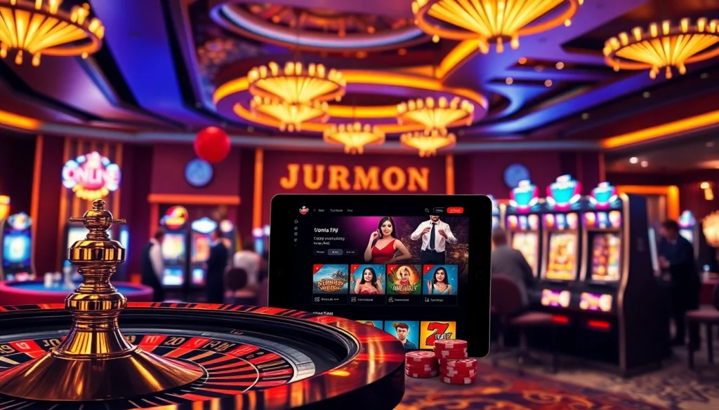 Engage with the excitement of online gambling at https://urr88.com/ featuring vibrant slot machines and poker chips.