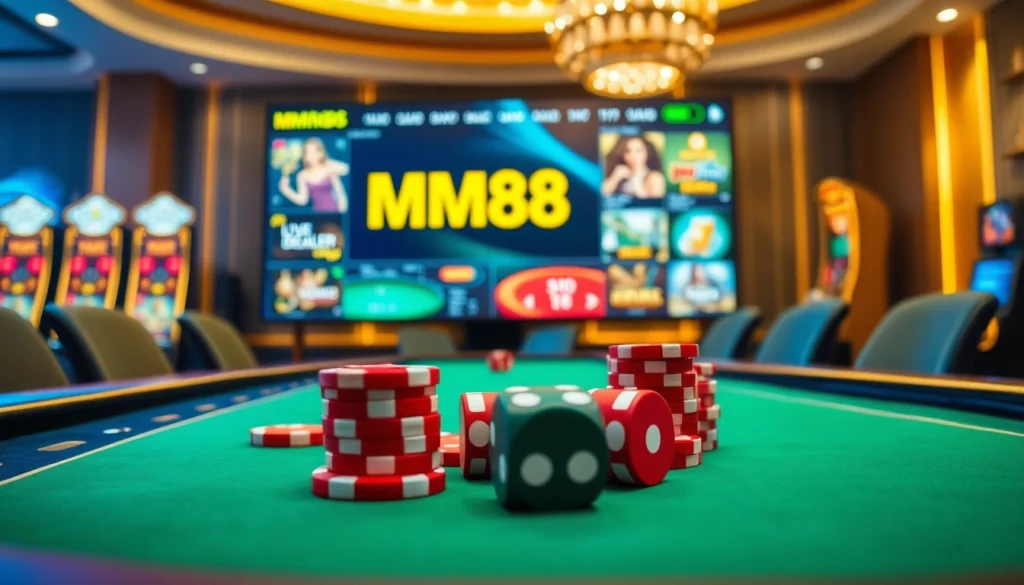 Playing poker chips and exciting games featuring the MM88 link in a luxurious casino environment.