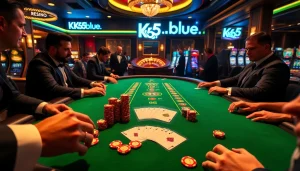 Engaging poker table action featuring KK55.blue theme with vibrant chips and cards for immersive gaming experience.