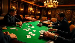 High-stakes poker game at https://1haywin.us.com/, rich with chips and cards amidst a luxurious casino atmosphere.