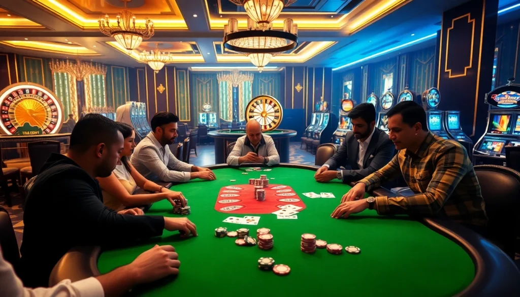 Experience high-stakes gaming at gilajp with a luxury poker table and vibrant atmosphere.