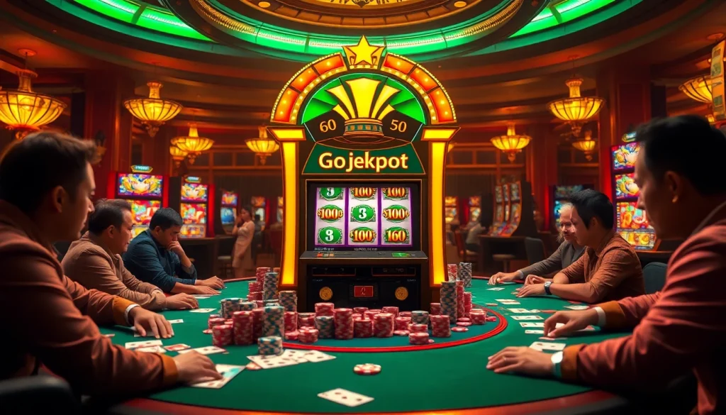Experience the excitement of Gojekpot with this vibrant casino setting featuring thrilling slot machines and high-stake players.