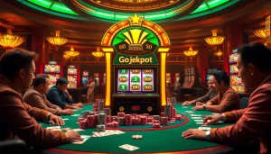 Experience the excitement of Gojekpot with this vibrant casino setting featuring thrilling slot machines and high-stake players.