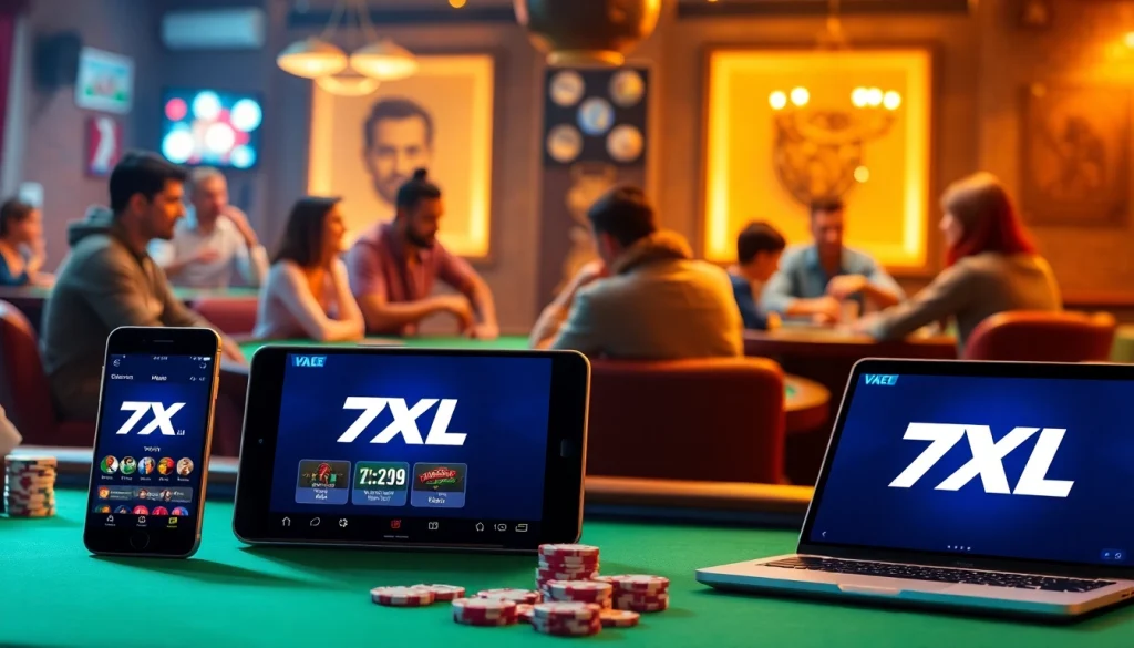 להורדת 7xl - תמונה מושכת של אפליקציית 7XL במכשירים שונים עם שחקנים סביב שולחן פוקר ססגוני.