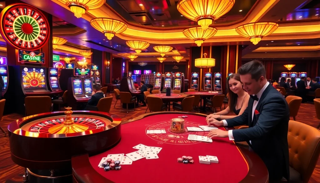 Engage with thrilling online casinos like bl555.link showcasing vibrant slot machines and poker tables.