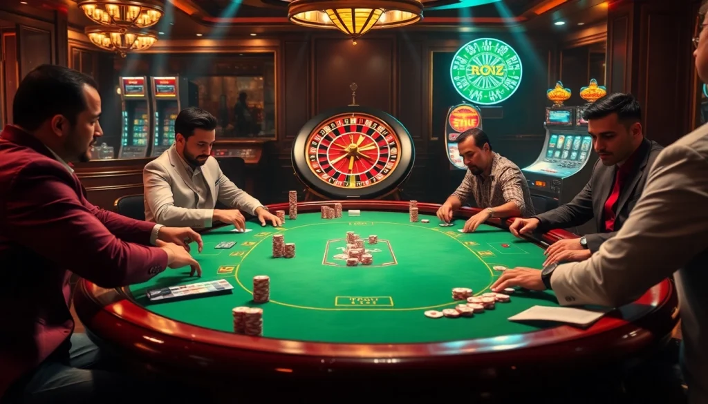 Players engaging in a high-stakes poker game at a luxurious casino table featuring rik vip elements.
