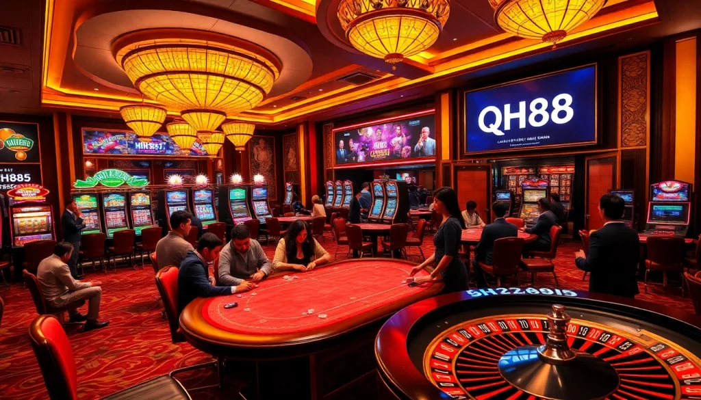 Players enjoying an exciting poker game at QH88 casino, surrounded by slot machines and roulette.