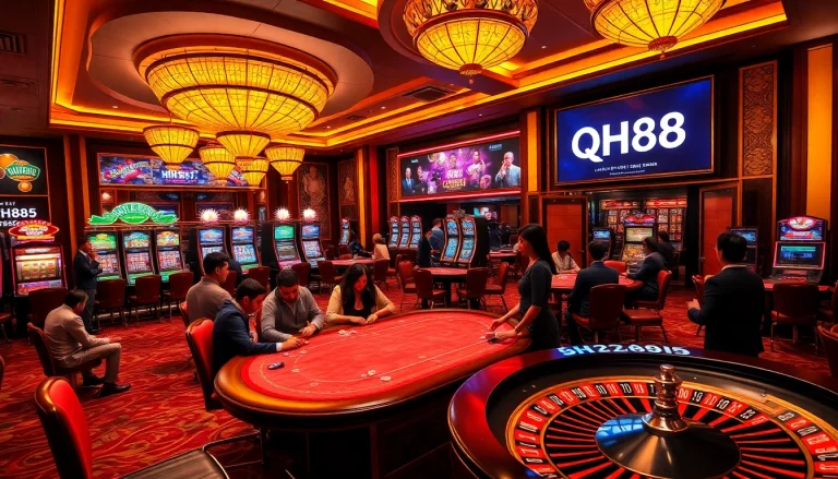 Players enjoying an exciting poker game at QH88 casino, surrounded by slot machines and roulette.