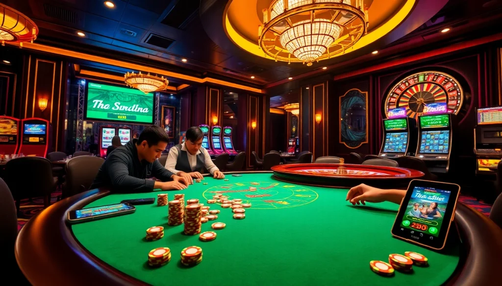 Players enjoying games on the app lc88 at a vibrant casino table, showcasing excitement and strategy.