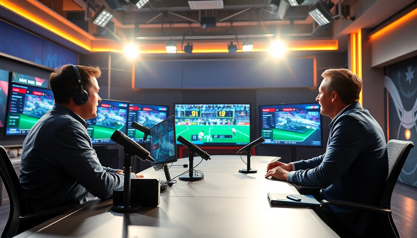 Engaging sports broadcasting studio setup showcasing live analysis and vibrant graphics