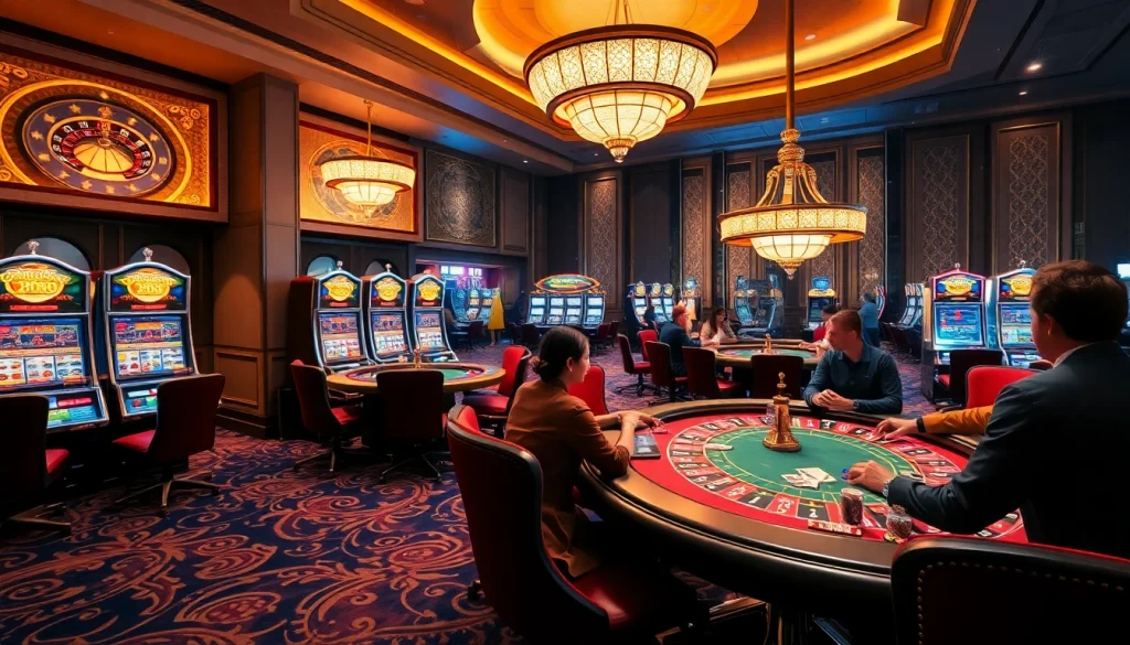 Exciting Sunwin casino gaming scene showcasing a lively poker table, stunning slot machines, and vibrant roulette action.