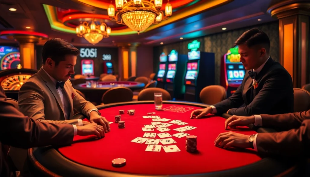 Players celebrating a winning hand at 88i poker table in a luxurious casino setting.