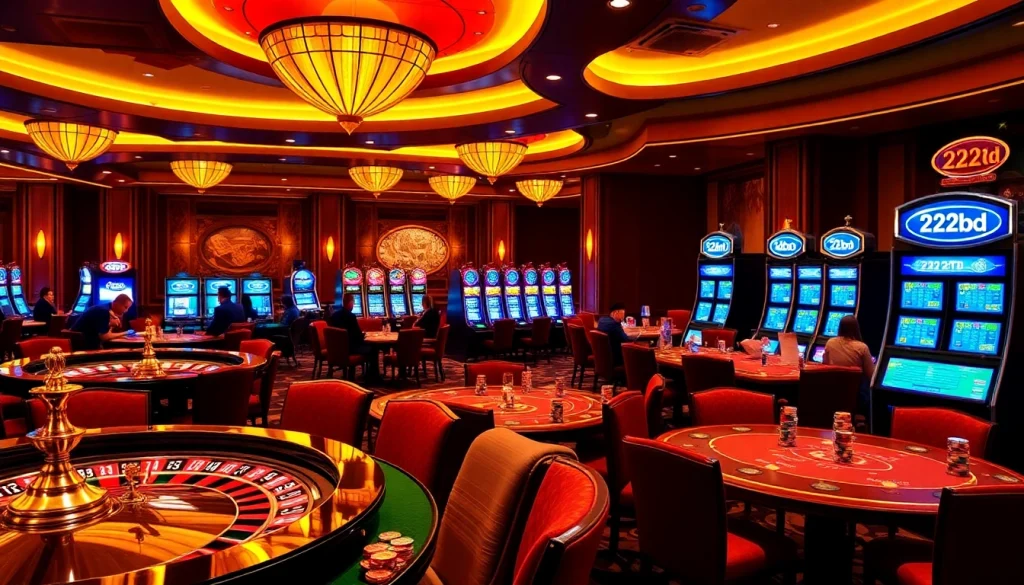 Experience thrilling gameplay at 222bd Casino with luxurious poker tables and vibrant slot machines.