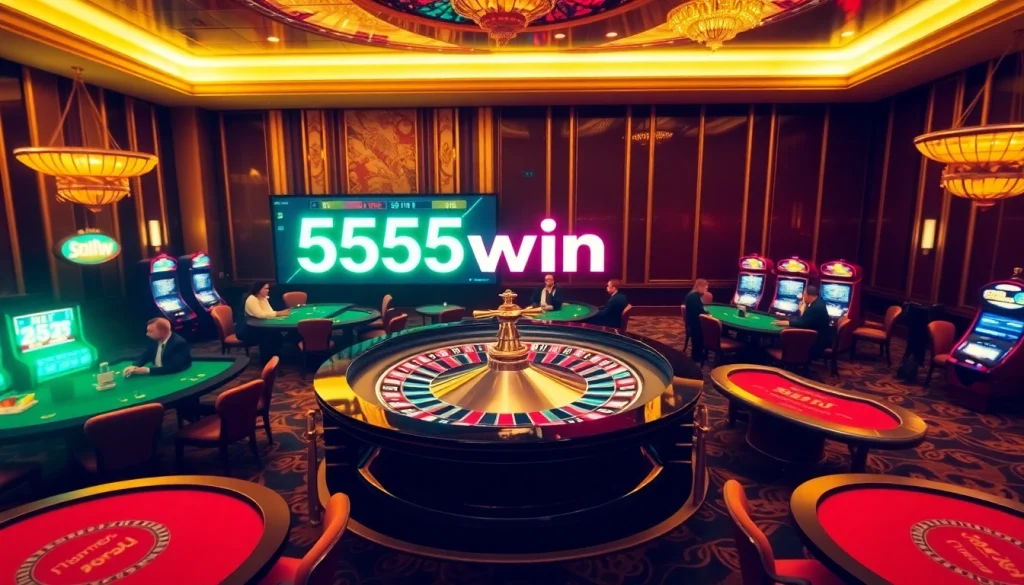 Experience the thrill of 555win at a vibrant casino filled with poker tables and roulette.