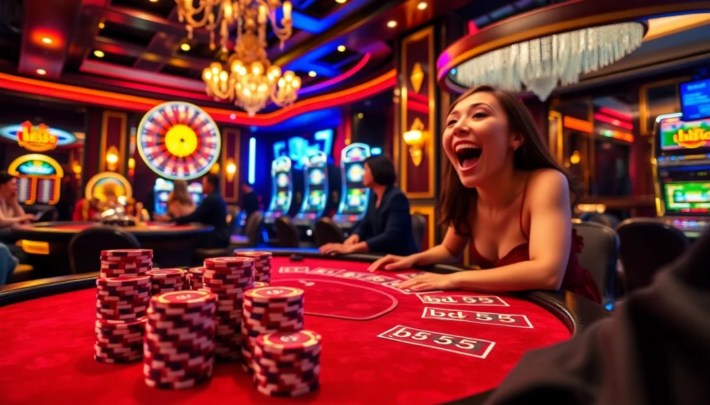 Player celebrating a win at the bl555 poker table in a luxurious casino atmosphere.