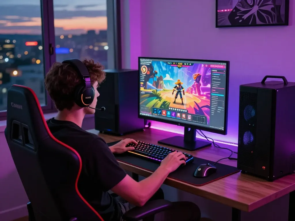 Player enjoying interactive html porn games in a vibrant gaming setup with colorful LED lights.