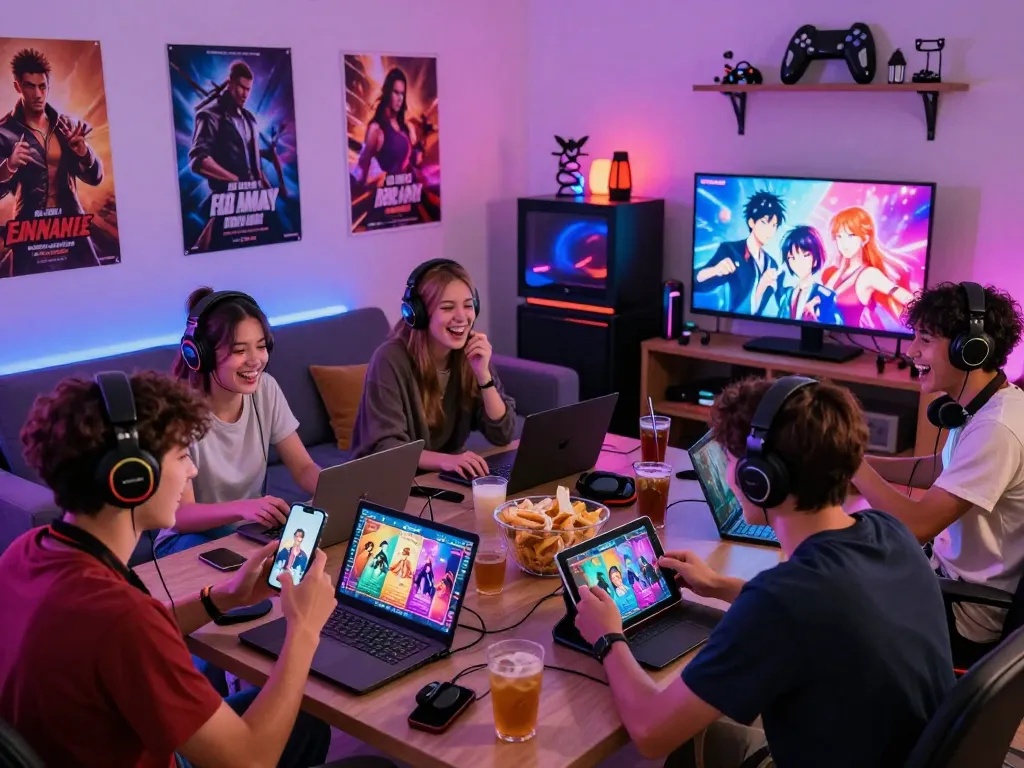 Group enjoying porngames in a lively living room setting with diverse devices and vibrant atmosphere.