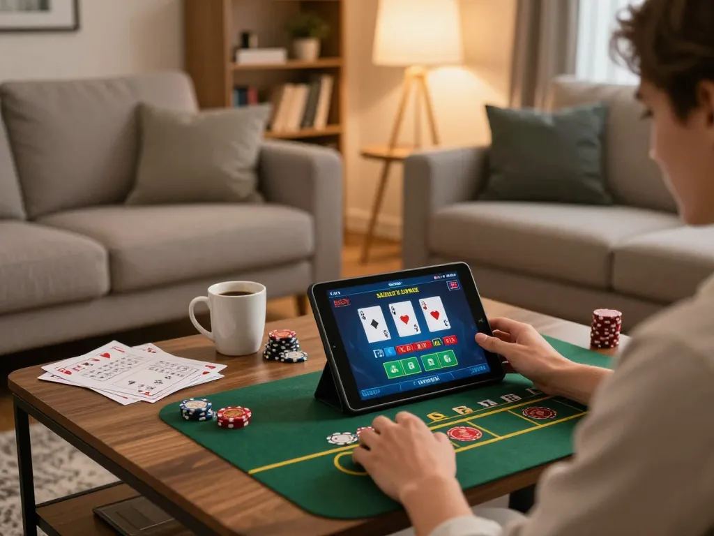 Engaged user playing online poker at home on 789club with warm lighting and betting notes.