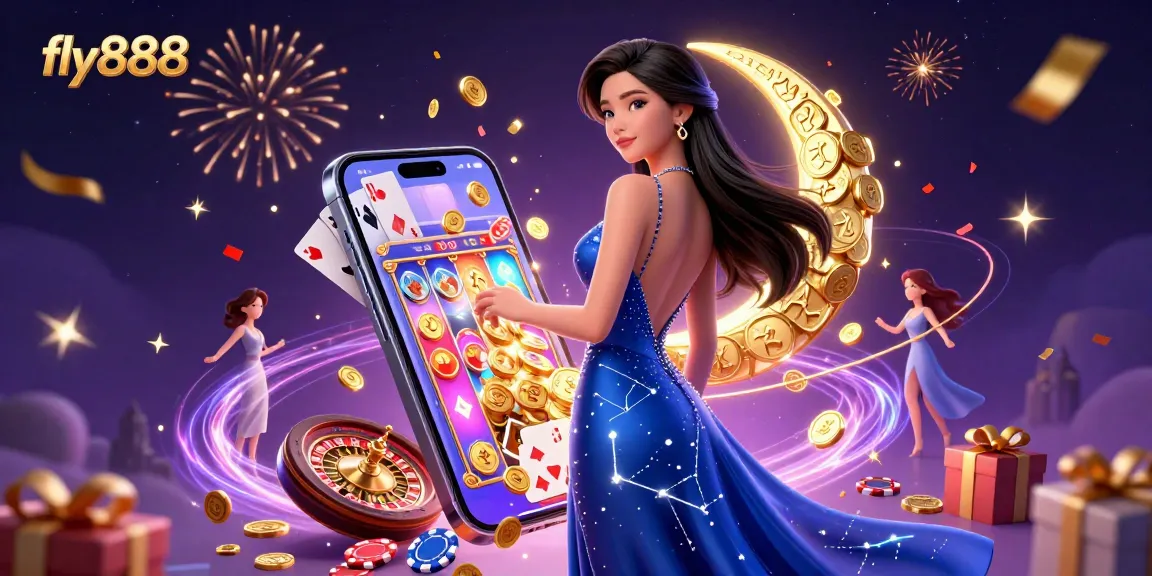 Experience the excitement of gambling with fly888, featuring a stunning illustration of a casino atmosphere.